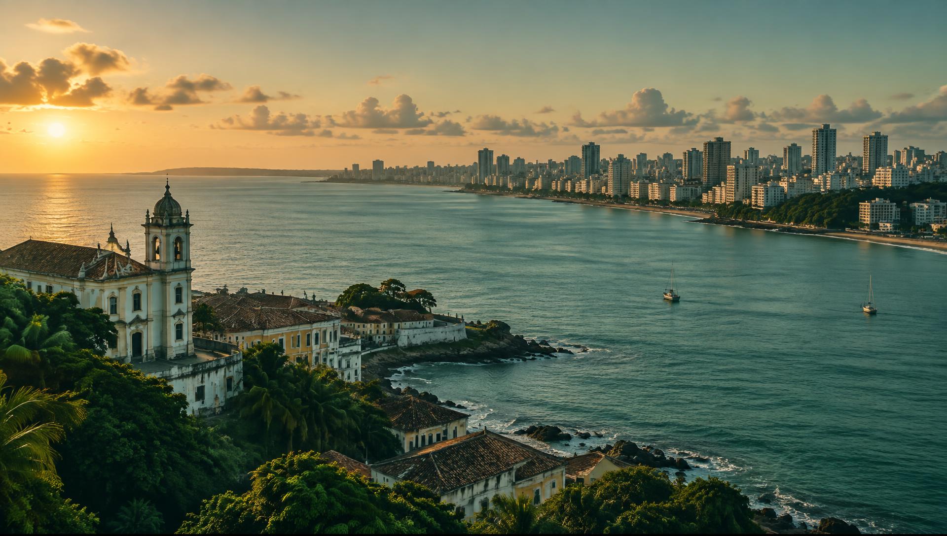 Contemporary Salvador skyline along the Bahia coastline at dawn