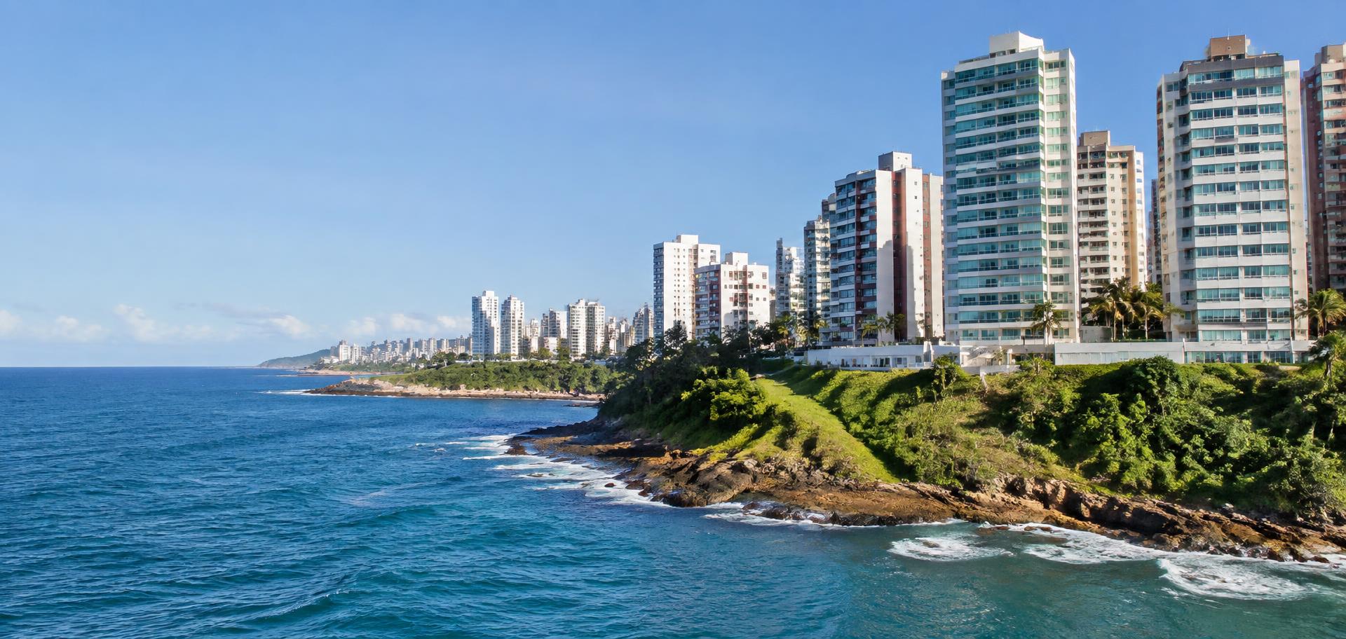 Residential apartment buildings along the Salvador coastline in Bahia, Brazil